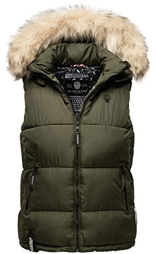 MARIKOO Damen Winter Weste Steppweste mit Kapuze und Fellkragen B896