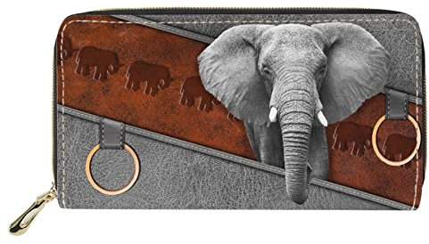 Dolyues Lange Damen-Geldbörse aus PU-Leder mit mehreren Fächern, Kreditkartenfach mit Reißverschluss, Münzgeldbeutel für Damen, Design mit grauem Elefanten, Klassisch