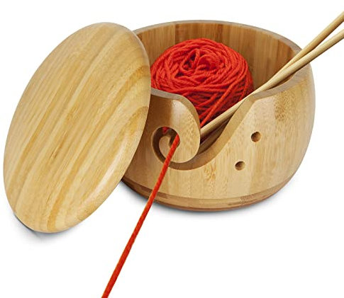 GOYADA Bamboo Yarn Bowl with Lid, Large Knitting Bowl Wool Holder, Wooden Wool Bowl Holder Crochet Bowl for Yarn, Wool Holder Bowl for Knitting