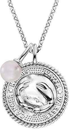 Engelsrufer Damen Halskette aus Sterling Silber und Sternzeichen Krebs Anhänger - besetzt mit 2 Zirkonia Steinen und einem Rosenquarz Stein Anhänger - Länge: 50cm