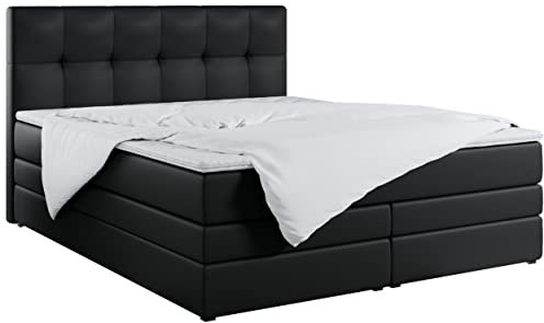MKS MEBLE King Boxspringbett 140x200, Polsterbett 140x200 mit Bettkasten, Bett 140x200 mit Multipocket-Matratze H4, Boxspringbett 140x200 mit Kopfteil und Topper - H4 Schwarz Kunstleder - Alvin
