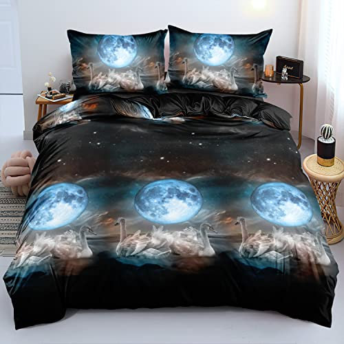 Gezu Bettwäsche 135x200cm Schwan Mond Sterne Himmel Schwarz Blau Weiß Wende Bettwäsche Set 3D Effekt Druck Microfaser Bettbezug und Kissenbezug 80x80cm mit Reißverschluss