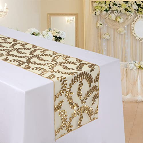 MengH-SHOP Tischläufer Pailletten Gold Blätter Muster Tischdecken Tischfahne Dekoration für Party Hochzeit Geburtstag Baby Duschen 30 * 280cm