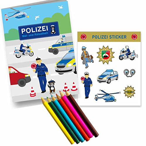Firlefantastisch Der Partyshop Polizei-Party-Spaß: Rätselheft-Set mit Sticker und Buntstiften - DIN A 6, 10 Seiten, Stickerbogen 10,5x12,5 cm, 5 Buntstifte, 9 cm
