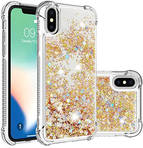 IMEIKONST Compatible with iPhone XS Glitter Case, Liquid Sparkle Quicksand Clear Transparent Sequin Girls Slim TPU Bumper Silicone Shockproof Cover for iPhone XS/X. Love Gold YBW