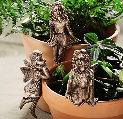 MySmartBuy.com 3 x Fairy Design Flowerpot Decorations – Weatherproof Indoor Outdoor Home or Garden Copper Finish Fairy Ornaments – Flower Plant Pot Percher Accessories