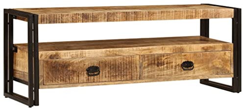 homiuse TV-Schrank 120x35x45 cm Mangoholz Massiv WunderschöNe Fernsehschrank Sideboard Wohnzimmer Tv Board Fernsehtisch Fernsehschrank Tv-MöBel&PhonomöBel 2 Schubladen Vintage-Stil Seitenschrank