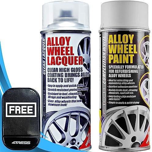 4TRESS E-Tech Competition White Chip Resistant Alloy Wheel Spray Paint 400ml, 1 x Clear Lacquer Car Alloy Wheel Paint Aerosol Can 400ml Non Slip Car Dash Mat (AWP-08027-ET)