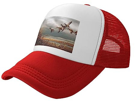 EVANEM Jagd fliegende wilde Enten Trucker Hut für Männer und Frauen, modische Mesh-Baseballkappen mit verstellbaren Schnappverschlüssen, rot, Einheitsgröße