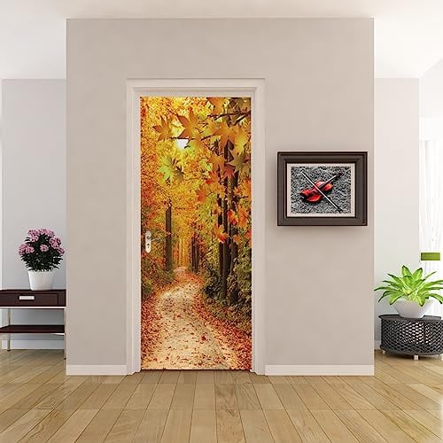 Sticker Porte Érable jaune Papier Peint pour Porte Stickers Trompe Loeil Papier Peint 3d Trompe L'oeil Poster de Porte L100 x H200cm