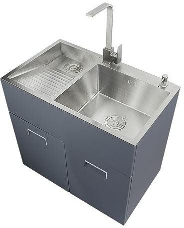 TRGCJGH Waschbecken mit Unterschrank, Edelstahlwaschbecken mit Waschbrett, Waschbecken für Waschküche (80x48cm/31.4x18.8in,Left washboard)