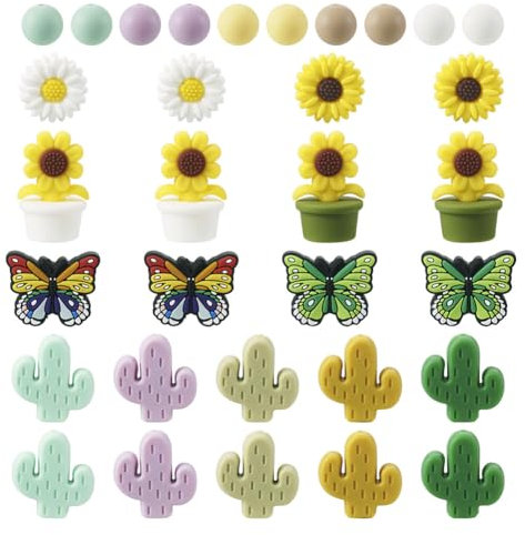 Boutigem 72 perline in silicone primaverili a forma di farfalla, margherita, girasole, cactus, perline rotonde da 12 mm, perline in silicone, perline in gomma, per braccialetti fai da te e portachiavi