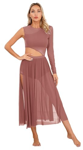 YOOJIA Damen Tanzkleid Eiskunstlauf Kleid Ballettanzug Lang Ballettkleid EIN Schulter Latein Rumba Tango Kleid Ballsaal Dancewear