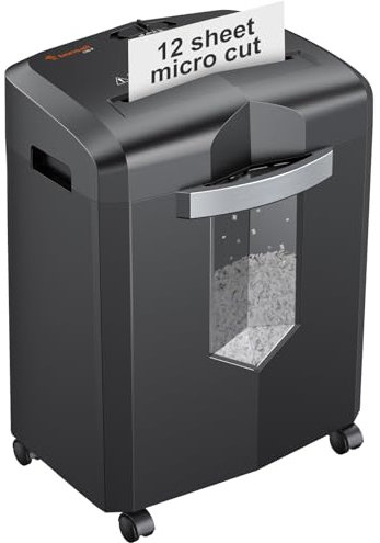 Bonsaii 12-Sheet Micro Cut Paper Shredder, Heavy Duty Shredder for Home Office Runs for 60 Mins, Shredders with 4 Casters & 16 Litres Pullout Bin, Shreds CD, Card, Mail, Staple and Clips(C266-B)