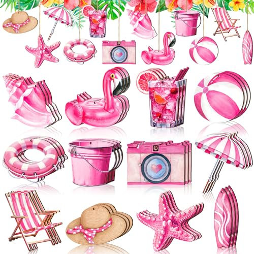 Anglechic 36 Stück Sommer-Baumschmuck aus Holz, hawaiianisches Holz, hängende Dekoration für Baum, Strand, Holzscheiben, rosa Flamingo, Seestern, Ornamente für Jahrestag, Heimdekoration