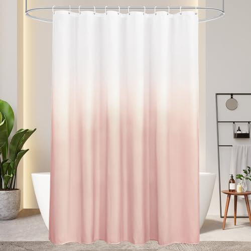 AooHome Duschvorhang 180X200cm Textil, Rosa Duschvorhänge 120g/m² Farbverlauf Badvorhang Wasserdicht Waschbar Antischimmel mit 12 Duschvorhangringen(Weiß nach Rosa)