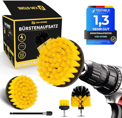 VJM-STORE® Bürstenaufsatz akkuschrauber [6er Set] Mittel härte – Bürste Akkuschrauber – Reinigt Bad,Küche,Auto,Waschbecken,Felgen,Fenster,... –15 cm Verlängerung – Geeignet für Haushalt und Handwerker