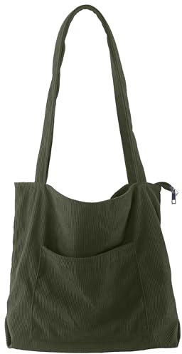 ZhengYue Corduroy Women Tote Bag Large Cord Shoulder Bag with Zipper and Pockets Large Capacity for College School Work Travel Shopping Travel Daily Use Army Green