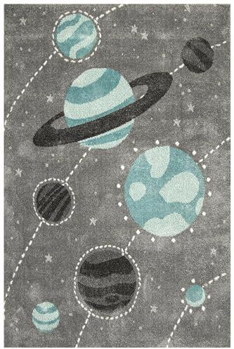 AKCILA Lima rechteckig Kinder Teppich Grau 200x290 cm, Kinderzimmer Kurzflor Teppiche, Kinderteppich Mädchen, Jungen, Kids Carpet, Spielteppich Kinder Babyzimmer Tepich, Planeten, Wohnzimmer Teppich