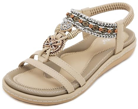 Acfoda Sandali Donna Estive Tacco Bassi Comode Eleganti Infradito Gioiello Ciabatte da Spiaggia Casual Antiscivolo Scarpe con Strass Beige 37 EU = 38 CN