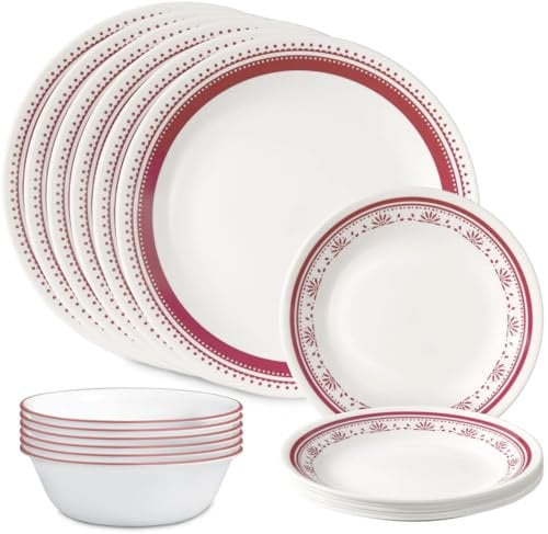 Corelle Everyday 18-PC Dinnerware Set, Service for 6, Durable and Eco-Friendly, Higher Rim Glass Plate & Bowl Set, Microwave and Dishwasher Safe, Sadie