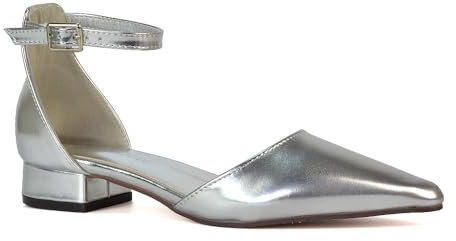 Women's Low Heel Point Toe Ankle Strap Court Shoes Ladies Silver Metallic Wedding Dress Flat Pumps Size 7