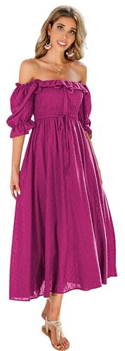 R.Vivimos Women's Polka Dot Slim Half Sleeve Puff Flare Sleeve Square Neck Tie Long Midi Dress(Large,Magenta#2)