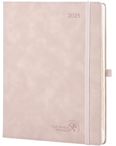 POPRUN Kalender 2025 Buchkalender Softcover mit PU-Leder, ca. A4 (26,5 x 21,5 cm) - Terminplaner, Wochenplaner Notizbuch (Jan.2025-Dez.2025) mit 100 GSM Papier - Zartrosa