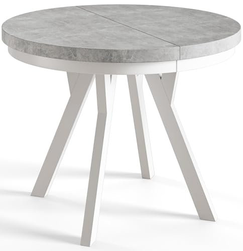 AlpiMeble Runder Esszimmertisch EVO, ausziehbarer Tisch Durchmesser: 80 cm bis 130 cm, Wohnzimmertisch Farbe: Grau, mit Holzbeinen in Farbe Weiß
