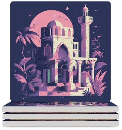 Untersetzer-Set, traditionelle Architektur, Getränkeuntersetzer für Couchtisch, saugfähige Keramik-Untersetzer mit Korkboden, quadratische Untersetzer, rutschfest, 9,4 x 9,4 x 0,8 cm, 4 Stück