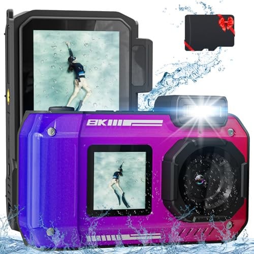 fohoa 8K 70MP Digital Camera with 32G Card, 33FT Underwater Camera Waterproof Rugged Dustproof Shockproof for Snorkeling Diving, Selfie Dual-Screen Point and Shoot Digital Camera(Gradient Purple)