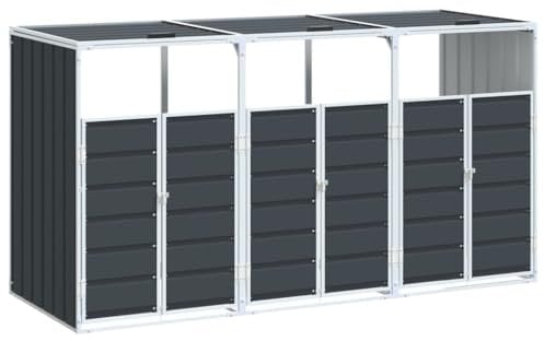 vidaXL Rangement à roulettes pour poubelles pour trois bacs acier, rangement de poubelles, rangement de poubelles de jardin, hangar à poubelles