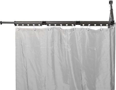 Duschvorhangstange ohne Bohren 200cm, Winkelduschstange für Badewannen Klappbar Duschstange inkl. Duschvorhang, Teleskopstange für Badezimmer, Fenster, Küche, Schrank, Wäscheständer Wandmontage
