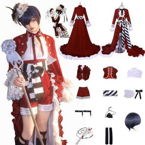 Anime Cosplay Costumes Role Ciel Phantomhive Tea Cup Red Uniform Outfits with Wig Full Set Halloween Carnival Party Fancy Dress Up for Unisex Adult