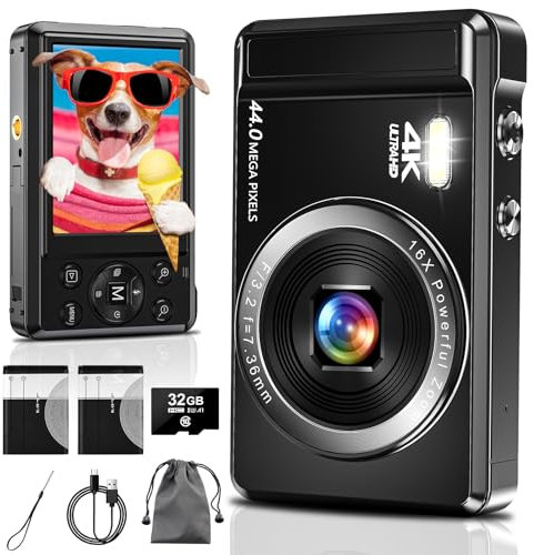 Digital Camera 4K 64MP Compact with 32GB SD Card, Autofocus Vlogging Camera with 2 Batteries, for Kids & Beginners