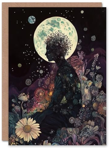 Artery8 Greeting Card Flower Nymph Full Moon Portrait Concept Art Blank For Him Or Her Art Birthday Card