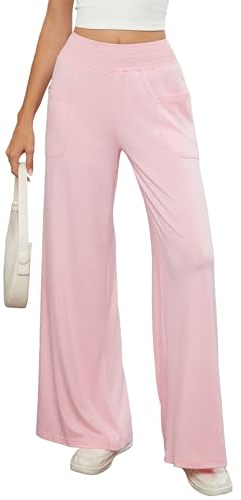 Famulily Pantaloni casual da donna svasati a gamba larga con vita elasticizzata a palazzo spiaggia viaggi vacanze pantaloni con tasche, rosa, L
