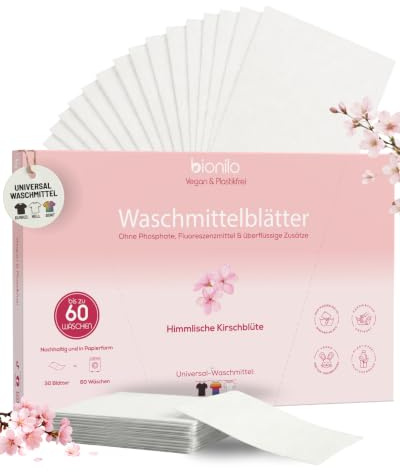 Bionilo Waschmittel-Blätter – Himmlische Kirschblüte-Duft – Nachhaltige, kraftvolle Reinigung, ohne Plastikverpackung, optische Aufheller & Parabene, Umweltfreundlich – Für bis zu 60 Waschladungen