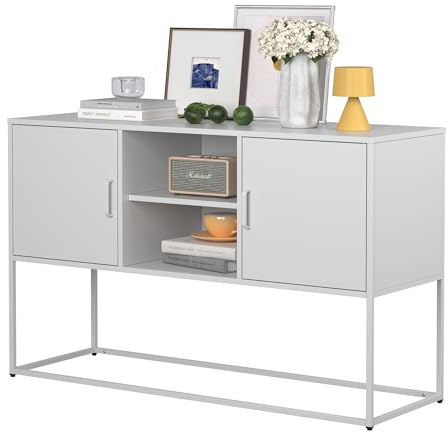 BIZOEIRON Sideboard, 120 cm Breit Küchenschrank mit 2 Beweglich Regalen, Buffetschrank mit 2 Türen und offene Lagerung, Küchenbuffet für Wohnzimmer, Küche, Flur, Anti-Kipp Design(Weiß)