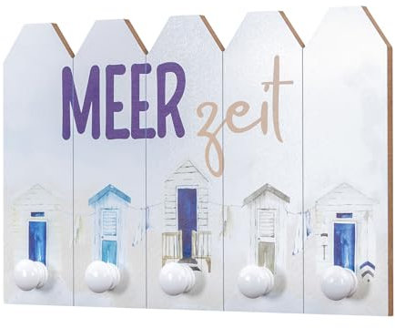 levandeo Wandgarderobe L40cm Meerzeit Blau Weiß Holz Maritim 5 Haken Wandbild Wanddeko Wandhaken Hakenleiste