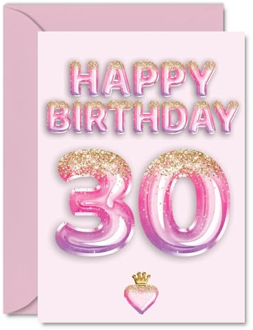 30th Birthday Cards for Women and Men, Pink & Purple Glitter Balloons | Happy Birthday Card for 30 Year Old Man Woman Friend Colleague Sister Daughter, A5 Bday Greeting Cards