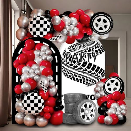 111Stk Rennballon Set, schwarz rot silber Auto Party Dekorationsartikel, Geburtstag Dekorationsartikel, Renntema,Geburtstag Party, Ballon Blumenkranz Set