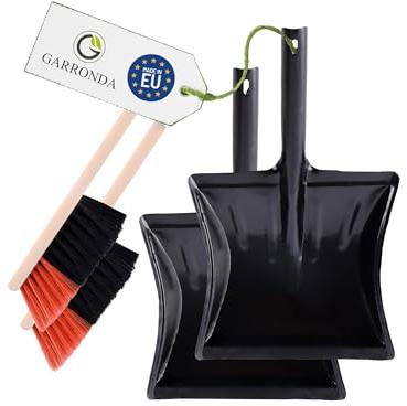 Garronda Kehrschaufel Set 2 Stück mit komplett aus Metall gefertigter Schaufel und Handfeger aus Holz und Synthetik Kehrbesen für Haushalt GD-0172 (Schwarz/Orange + Schwarz)