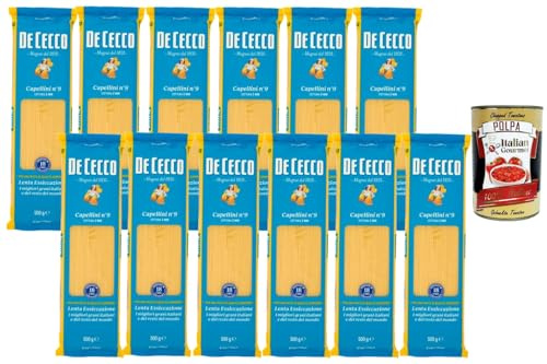 Italian Gourmet De Cecco Capellini Nr. 9, Italienische Pasta aus Hartweizengrieß, extra feine Nudeln Angel Hair, 2 Min Kochzeit, langsam getrocknet, leichte Saucen 12x 500 g + Italian Gourmet polpa