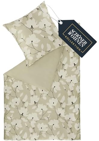 SCHÖNER WOHNEN Satin Bettwäsche 155x220 Baumwolle Blumen Beige - Luxus Bettwäsche-Set 2teilig - atmungsaktiv - 1x Bettwäschebezug & 1x Kopfkissenbezug 80x80cm Frühling Duvet Cover Set - ÖKO-TEX