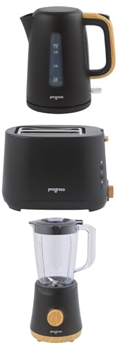 Progress Skara Toaster, Kettle & Blender Set – 2-Slice Toaster 750W with Defrost & 6 Browning Levels, 1.7L Rapid Boil Kettle 3000W, 1.5L Jug Blender 500W with Pulse, Black & Wooden Accents