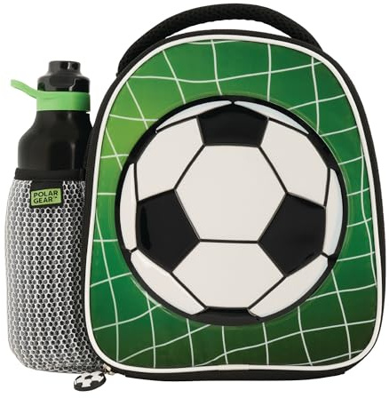 Polar Gear Football Lunch Bag and 600ml Bottle Set - Insulated Soccer Design Food Cooler -Anti-Bacterial Easy Clean Lining - for Kids School Lunches and Sports Practice