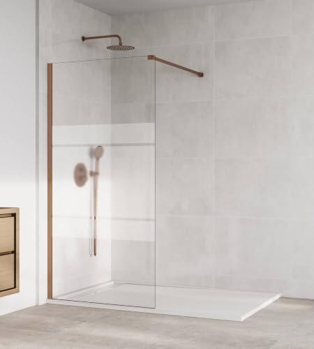 Imex - Box doccia fisso, 120 cm, frontale, oro rosa spazzolato, con braccio di fissaggio, in vetro anticalcare e profili in alluminio, altezza 195 cm, vetro con spessore 8 mm