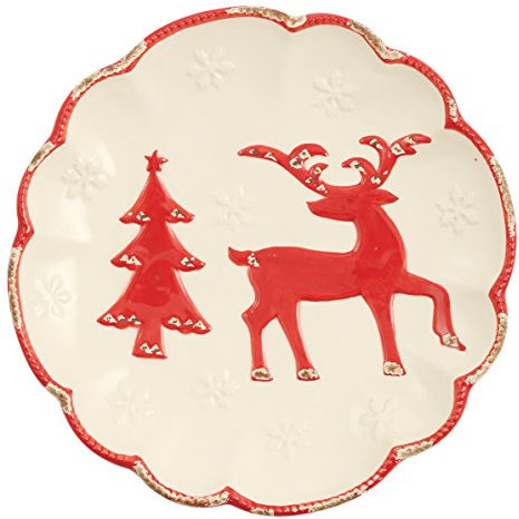 Villa d'Este Home Tivoli Baroque Xmas Piatto Tondo Grande con Decorazione Natalizia, Dolomite, Rosso, 25x25x4 cm