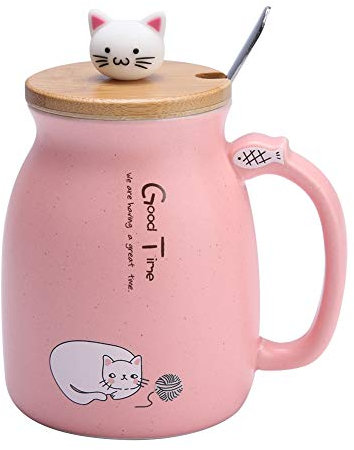 TOPINCN Taza De Cerámica Lovely Cat Solid Con Cuchara Y Tapa De Madera Taza De Leche De Agua Con Café Para Drinkware Regalo Oficina 1Pc(Rosa)